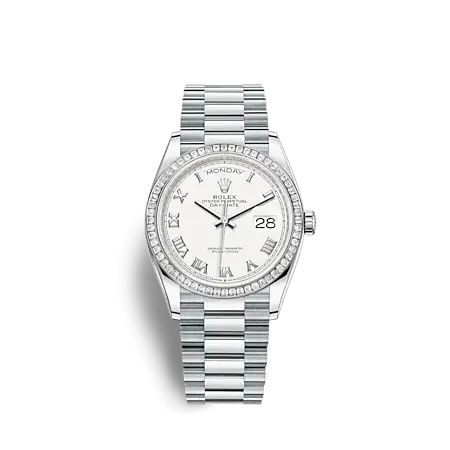 Rolex Day-Date 36 Platinum - Baguette / White - Roman / President 128396TBR-0010