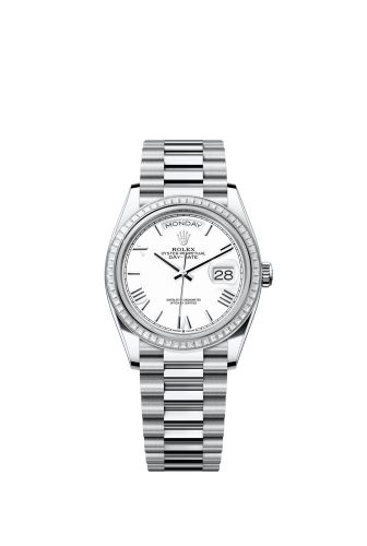 Rolex Day-Date 36 Platinum - Baguette / White - Roman / President 128396TBR-0018