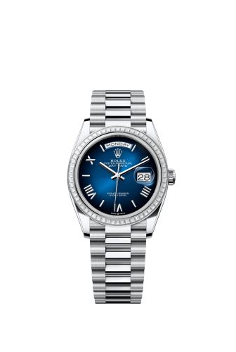 Rolex Day-Date 36 Platinum - Baguette / Blue Ombré - Roman / President 128396TBR-0021