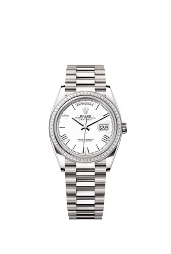 Rolex Day-Date 36 White Gold - Baguette / White - Roman / President 128399TBR-0019
