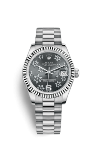 Rolex Datejust 31 White Gold Fluted / President / Dark Rhodium Floral 178279-0072