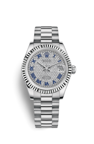 Rolex Datejust 31 White Gold Fluted / President / Paved Roman 178279-0078