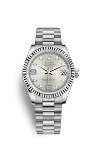 Rolex Datejust 31 White Gold Fluted / President / Silver Diamonds & Sapphires 178279-0080