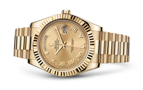 Rolex Day-Date II Yellow Gold Fluted Champagne Roman 218238-0038