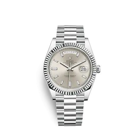 Rolex Day-Date 40 Platinum - Fluted / Silver - Baguette 228236-0002