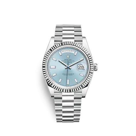 Rolex Day-Date 40 Platinum - Fluted / Ice Blue - Baguette 228236-0006