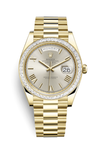Rolex Day-Date 40 Yellow Gold - Baguette / Silver - Roman 228398TBR-0006