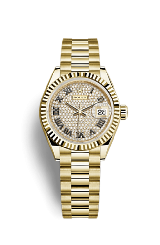 Rolex Lady-Datejust 28 Yellow Gold Fluted / President / Paved Roman 279178-0031