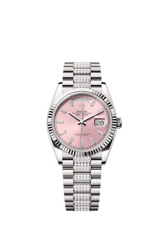Rolex Day-Date 36 White Gold - Fluted / Pink - Baguette / President - Diamond 28239-0072