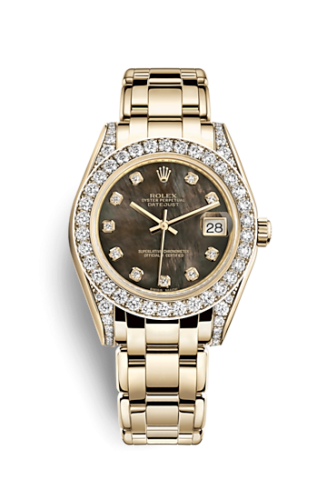 Rolex Datejust Pearlmaster 34 Yellow Gold Diamond Shoulders Black Mother of Pearl Diamonds 81158-0066