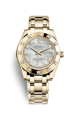 Rolex Datejust Pearlmaster 34 Yellow Gold 12 Diamond Mother of Pearl Roman 81318-0005