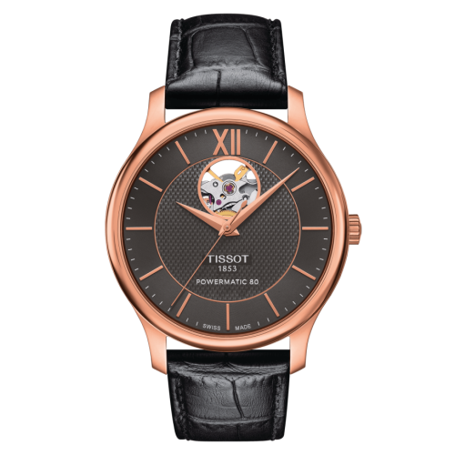 Tissot Tradition Powermatic 80 Open Heart 40 Rose Gold / Grey / Strap T063.907.36.068.00
