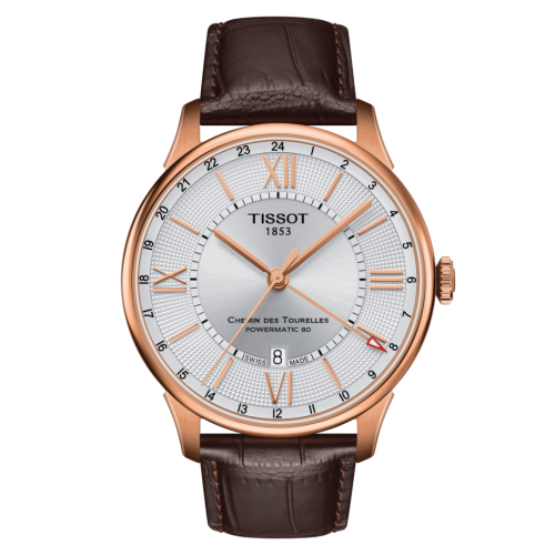 Tissot Chemin Des Tourelles Powermatic 80 GMT 42 Rose Gold PVD / Silver / Strap T099.429.36.038.00
