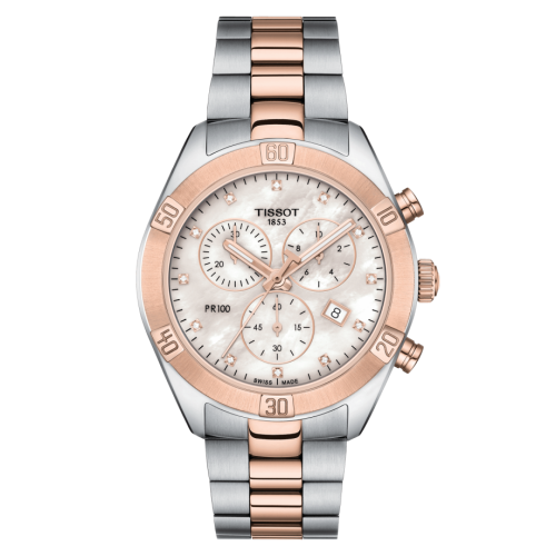 Tissot PR 100 Sport Chic Chronograph 38 Stainless Steel - Rose Gold / MOP / Bracelet T101.917.22.116.00