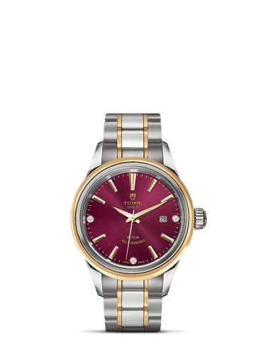 Tudor Style 28 Stainless Steel / Yellow Gold / Burgundy-Diamond / Bracelet 12103-0015