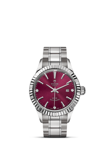 Tudor Style 28 Stainless Steel / Fluted / Burgundy-Diamond / Bracelet 12110-0019