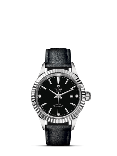Tudor Style 28 Stainless Steel / Fluted / Black-Diamond / Strap 12110-0025