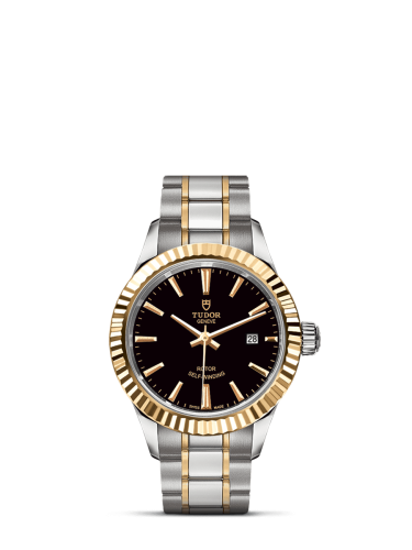 Tudor Style 28 Stainless Steel / Yellow Gold / Fluted / Black / Bracelet 12113-0005