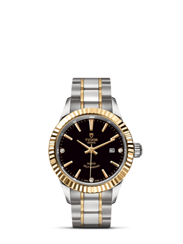 Tudor Style 28 Stainless Steel / Yellow Gold / Fluted / Black-Diamond / Bracelet 12113-0011
