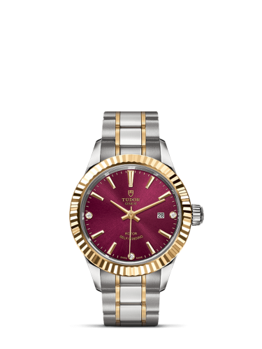 Tudor Style 28 Stainless Steel / Yellow Gold / Fluted / Burgundy-Diamond / Bracelet 12113-0015