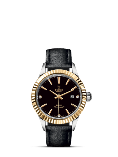 Tudor Style 28 Stainless Steel / Yellow Gold / Fluted / Black-Diamond / Strap 12113-0024