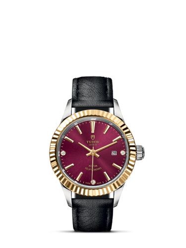 Tudor Style 28 Stainless Steel / Yellow Gold / Fluted / Burgundy-Diamond / Strap 12113-0026