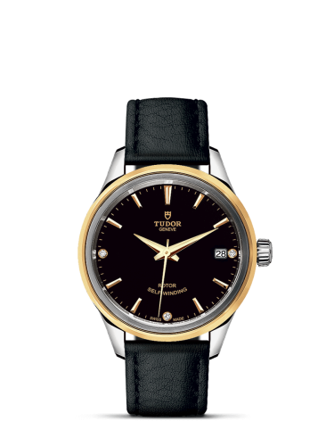 Tudor Style 34 Stainless Steel / Yellow Gold / Black-Diamond / Strap 12303-0012