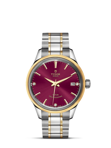 Tudor Style 34 Stainless Steel / Yellow Gold / Burgundy-Diamond / Bracelet 12303-0015
