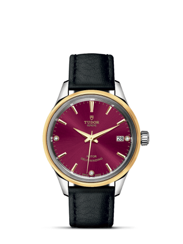 Tudor Style 34 Stainless Steel / Yellow Gold / Burgundy-Diamond / Strap 12303-0016