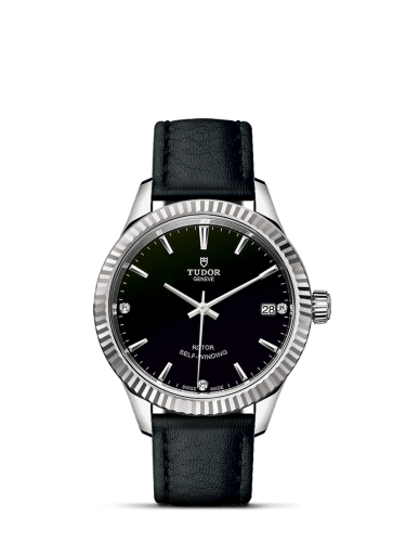 Tudor Style 34 Stainless Steel / Fluted / Black-Diamond / Strap 12310-0025
