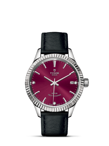 Tudor Style 34 Stainless Steel / Fluted / Burgundy-Diamond / Strap 12310-0030