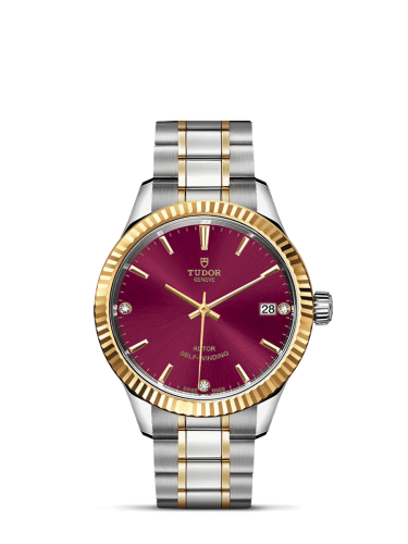Tudor Style 34 Stainless Steel / Yellow Gold / Fluted / Burgundy-Diamond / Bracelet 12313-0015