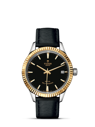 Tudor Style 34 Stainless Steel / Yellow Gold / Fluted / Black / Strap 12313-0019