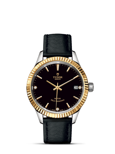 Tudor Style 34 Stainless Steel / Yellow Gold / Fluted / Black-Diamond / Strap 12313-0022