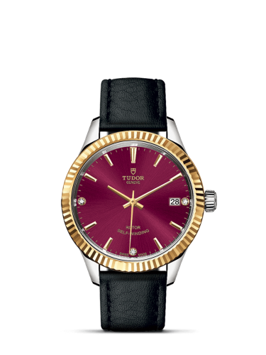 Tudor Style 34 Stainless Steel / Yellow Gold / Fluted / Burgundy-Diamond / Strap 12313-0024