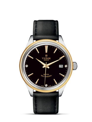 Tudor Style 38 Stainless Steel / Yellow Gold / Black-Diamond / Strap 12503-0012