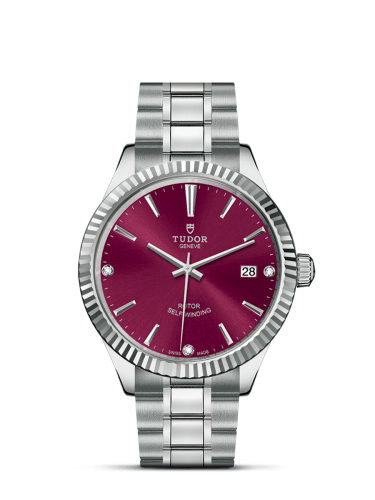 Tudor Style 38 Stainless Steel / Fluted / Burgundy-Diamond / Bracelet 12510-0019