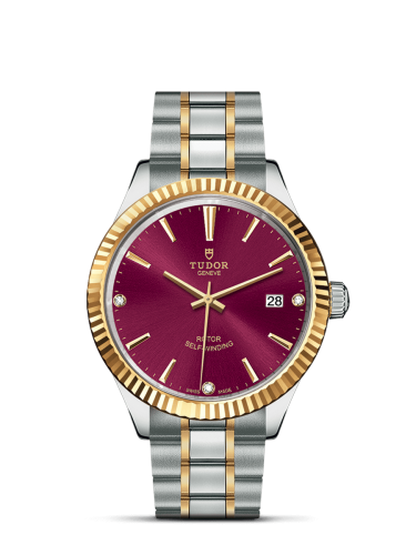 Tudor Style 38 Stainless Steel / Yellow Gold / Fluted / Burgundy-Diamond / Bracelet 12513-0015