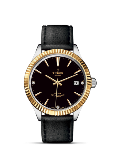 Tudor Style 38 Stainless Steel / Yellow Gold / Fluted / Black-Diamond / Strap 12513-0022