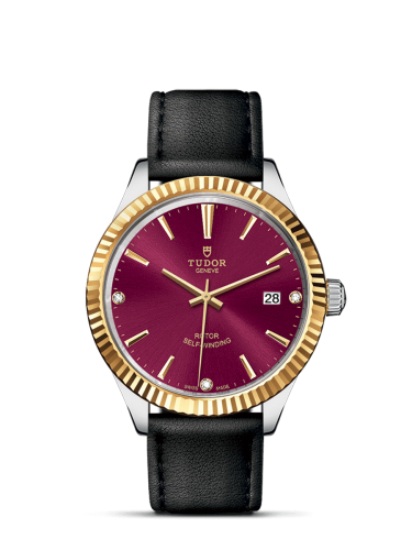 Tudor Style 38 Stainless Steel / Yellow Gold / Fluted / Burgundy-Diamond / Strap 12513-0024