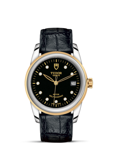 Tudor Glamour Date 36 Stainless Steel / Yellow Gold / Black-Diamond / Strap 55003-0037